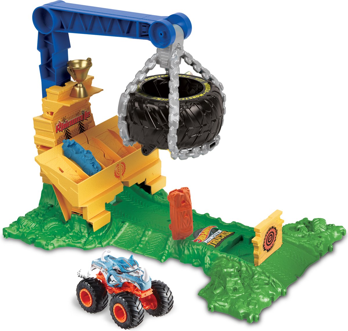 Hot Wheels MonsterTrucks Arene Smahers Rhinomite Race Challenge Spiel Set Set