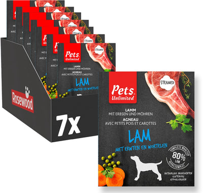 Rosewood Pets unlimited – Nassfutter für Hunde – Lamm – gedämpftes Mehl – 7 Behälter x 395 g