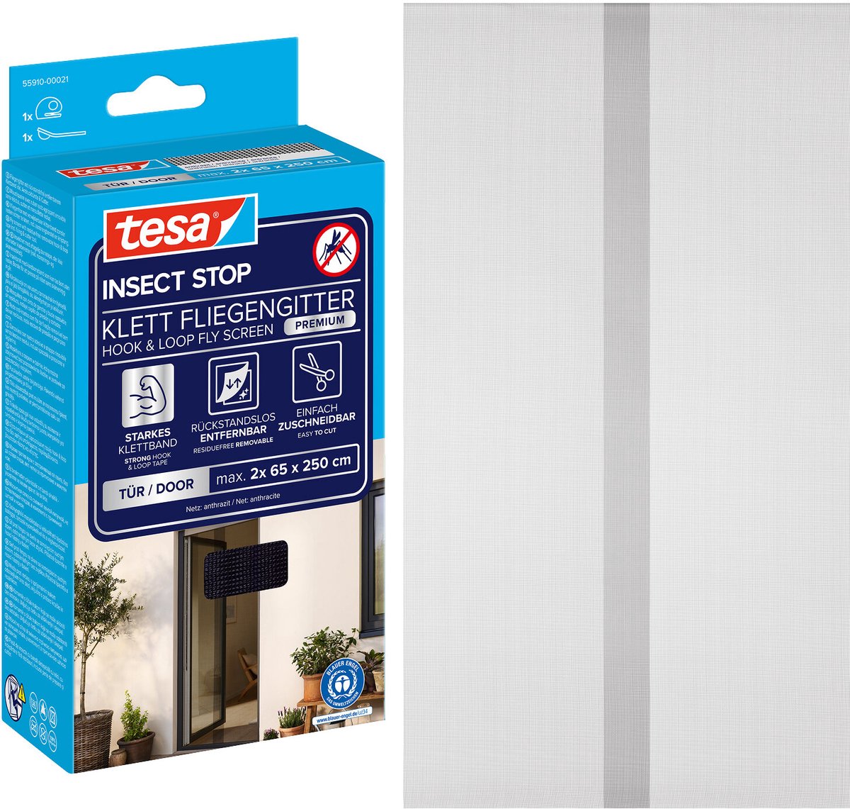 Tesa Insect Stop H L Fliegengitter Premium für Türen – Insektenschutz für Tür mit Klettverschluss, abnehmbar, Anthrazit – 120 x 250 cm