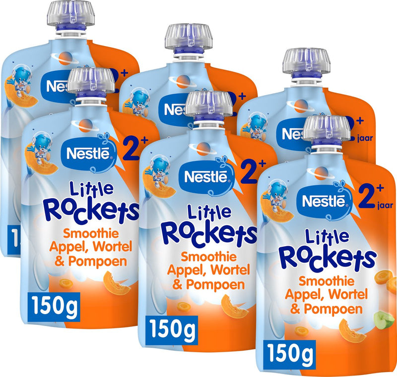 Nestlé Little Rockets Squeeze Fruit Apfel Karotte Kürbis – Snacks für Kleinkinder ab 2 Jahren – 6 Stück x 150 g