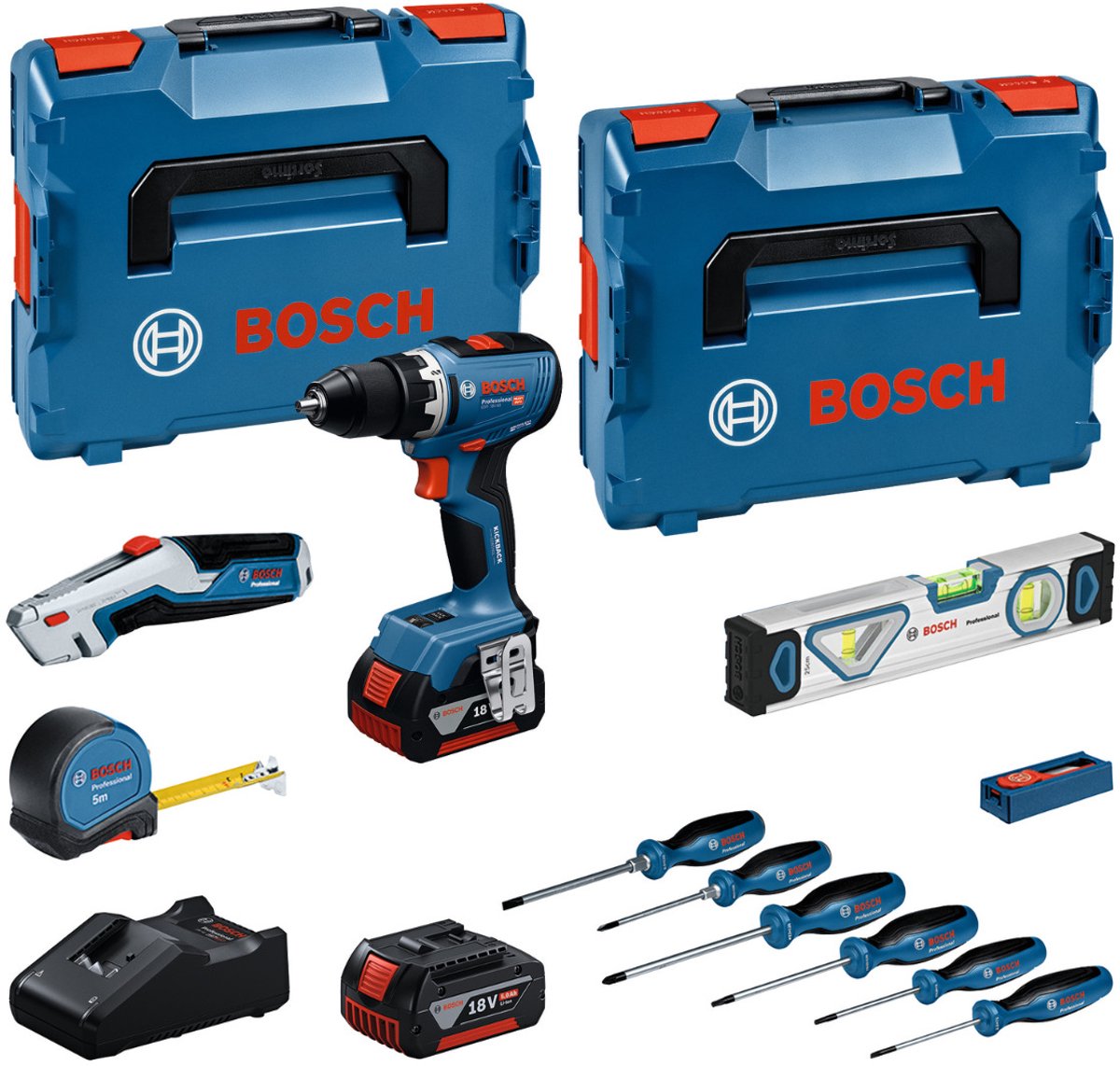 Bosch Professional - Werkzeugkombinationsset GSR 18V-65 Akku-Bohrschrauber + Handwerkzeugset 19-teilig 18V 5,0Ah in L-Boxx - 0615A5007K