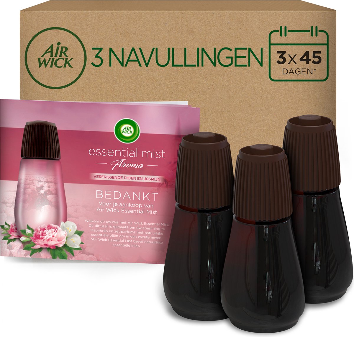 Automatischer Lufterfrischer Air Wick Essential Mist – erfrischende Pfingstrose und Jasmin – 3 Nachfüllungen
