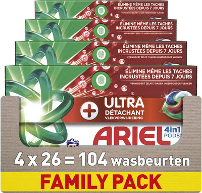 Ariel 4in1 Waschmittelkapseln + Ultra-Fleckenentferner – 4 x 26 Wäschen