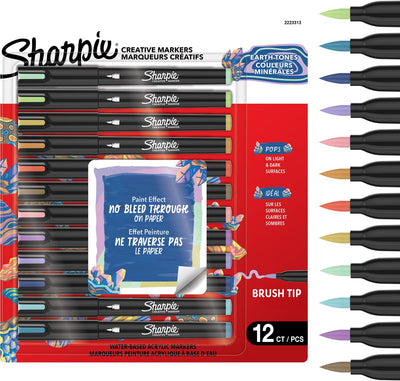Sharpie kreative Marker-Acryl-Farbstifte | wasserbasierte Farbmarker | Nicht kontinuierliche Tinte schreibt auf den meisten Oberflächen | Pinselspitze | Bastel- und Künstlerbedarf | warme Töne | 12 Stück