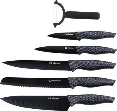 Alpina 6-teiliges Luxus-Messerset aus Edelstahl, antihaftbeschichtet, schwarz, in Geschenkbox