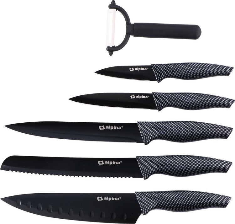 Alpina 6-teiliges Luxus-Messerset aus Edelstahl, antihaftbeschichtet, schwarz, in Geschenkbox