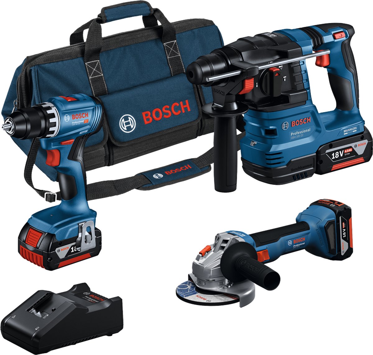 Bosch Professional 18V Toolkit – Kombinationsset – GSR 18V-45 + GWS 18V-8 + GBH 18V-22 + 3x GBA 18V 4,0 Ah Akku und Gal 18V-40 Ladegerät