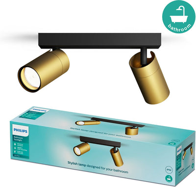 Philips LED Philips Idris Spot – Deckenspot – spritzwassergeschützt IP44 – 5W – Schwarz mit Gold – Badezimmerlampe – zwei Lichtpunkte – nur für LED-Spots geeignet