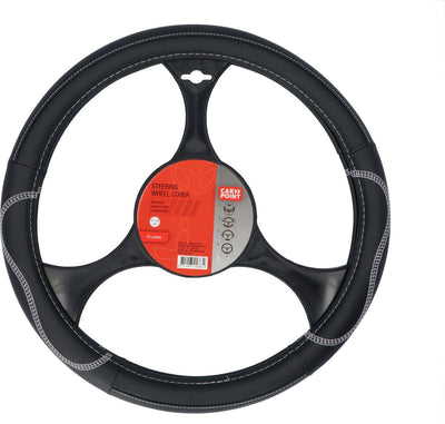 Carpoint Lenkradbezug Auto – schwarzes PU-Leder mit grauen Akzenten – für Lenkräder mit einem Durchmesser von 37–39 cm
