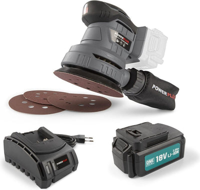 Powerplus powebess3 Exzenterschleifer – 18 V + Akku. 3,0 Ah + Ladegerät