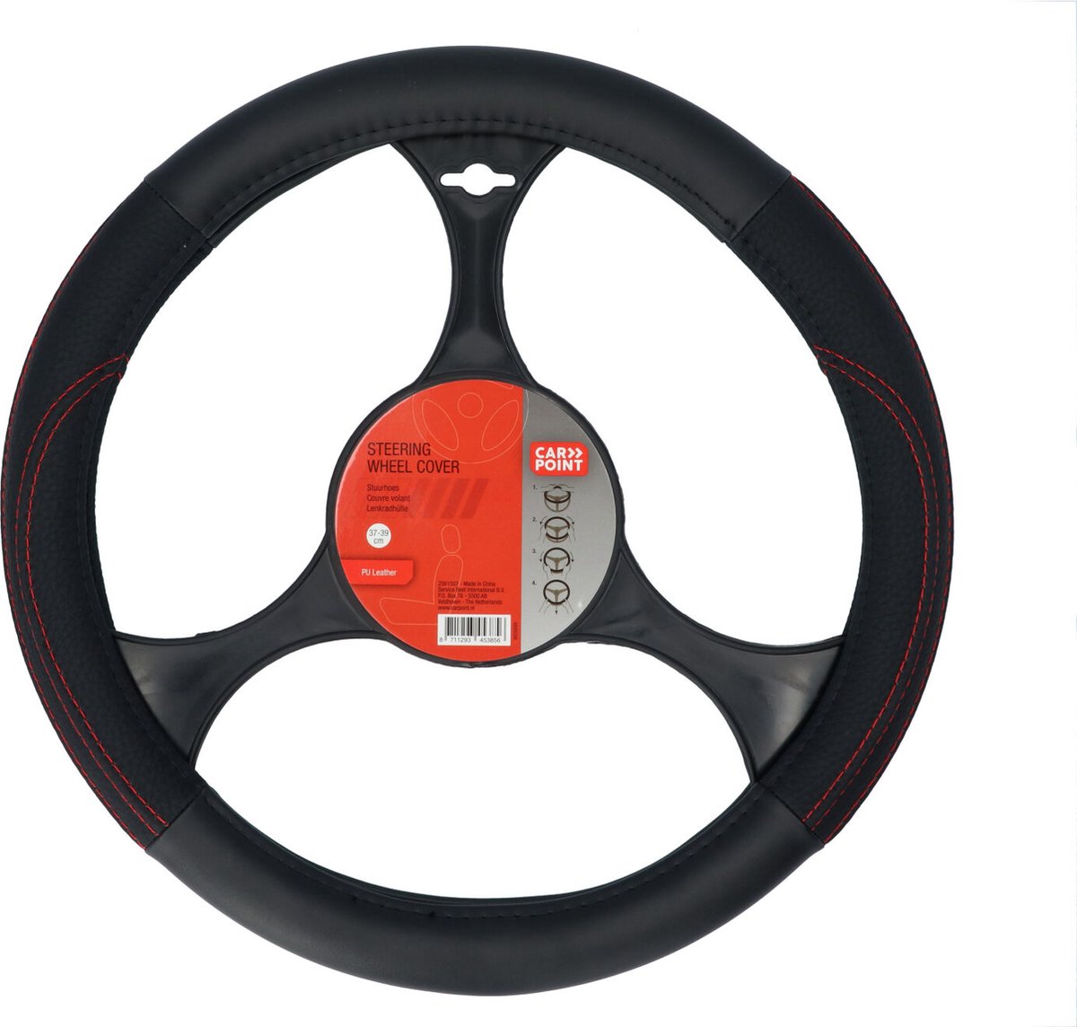 Carpoint Lenkradbezug Auto – PU-Leder schwarz mit rot – für Lenkräder mit einem Durchmesser von 37–39 cm