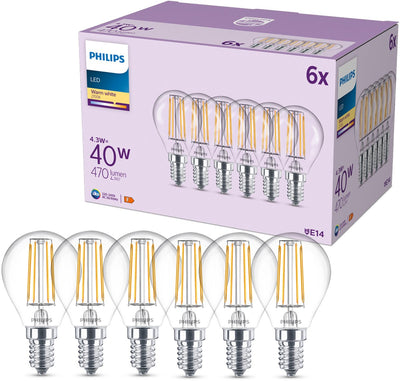 Philips LED-Lampe transparent – ​​40 W – E14-Fassung – warmweißes Licht; 2700.000 – 6er-Pack