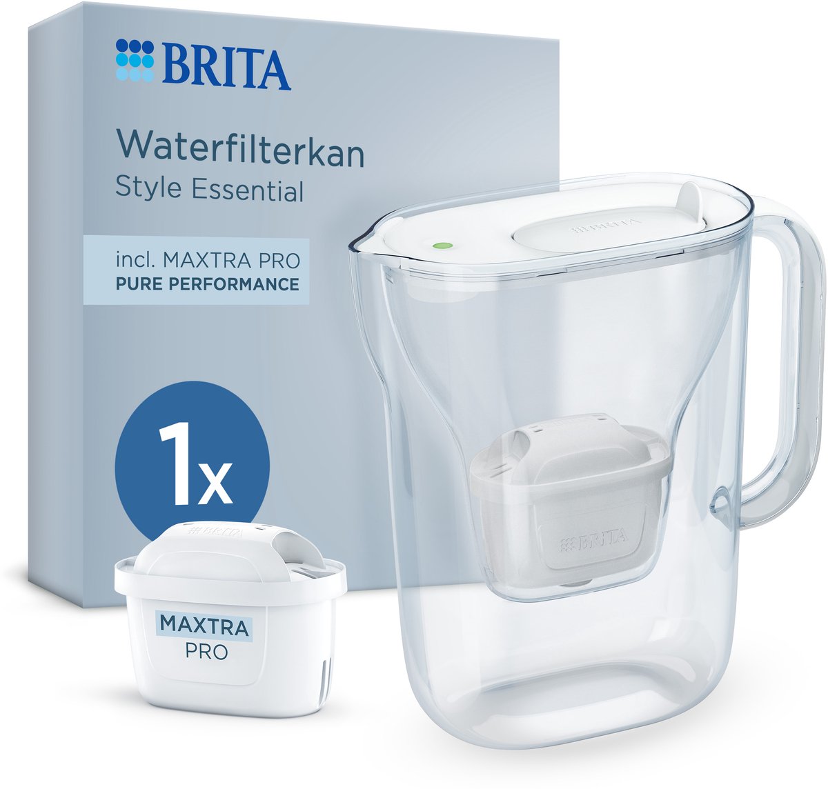 Brita Wasserfilterkanne Style Essential Cool - 2,4l - weiß - inkl. 1x Maxtra Pro Pure Performance Wasserfilterkartusche – passt in den Kühlschrank, mit smartem LED-Licht-Klappdeckel
