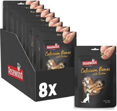 Rosewood Calcium Bones Chicken – Hundesnack mit extra Calcium – mit Hühnerrohhaut – getreidefrei – 8 Beutel à 100 g