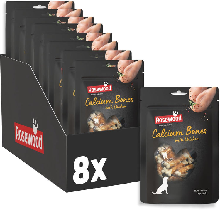 Rosewood Calcium Bones Chicken – Hundesnack mit extra Calcium – mit Hühnerrohhaut – getreidefrei – 8 Beutel à 100 g