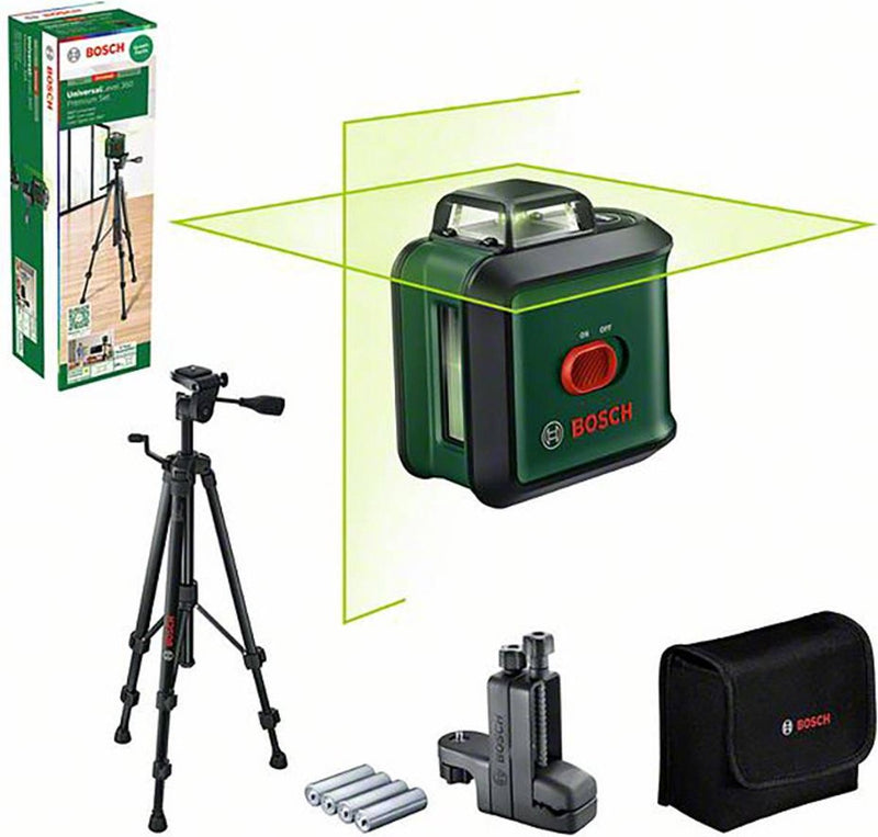 Bosch Universallevel 360 Premium-Set – 360°-Kreuzlinienlaser – inklusive Stativ – Universalklemme mm3 – Aufbewahrungskoffer – Batterien