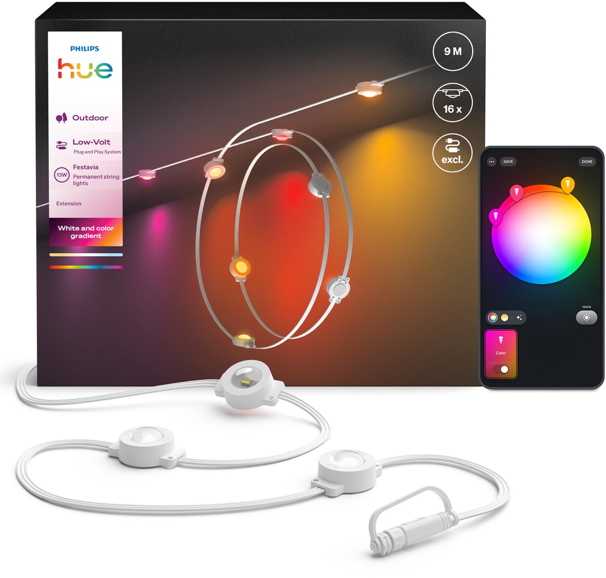 Philips Hue Festavia Dauerverlängerung – weißes Kabel 9 m mit 16 Lampen – weißes und farbiges Licht mit Farbverlauf – bis zu 50 Lumen pro Lampe