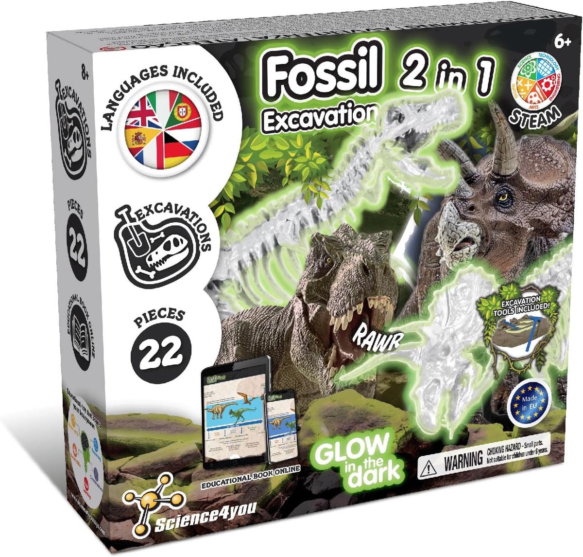 Science 4 you science4you Dino Fossil 2-in-1 – Grabset mit im Dunkeln leuchtenden Skeletten – Baue 2 Dinosaurierfossilien – Lernspielzeug ab 6 Jahren