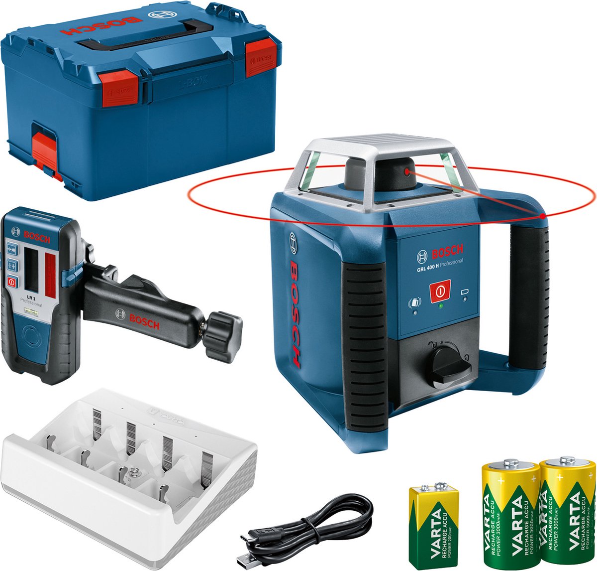 Bosch Professional GRL 400 h - Rotationslaser - inklusive Laserempfänger - Akkus - Ladegerät - L-Boxx