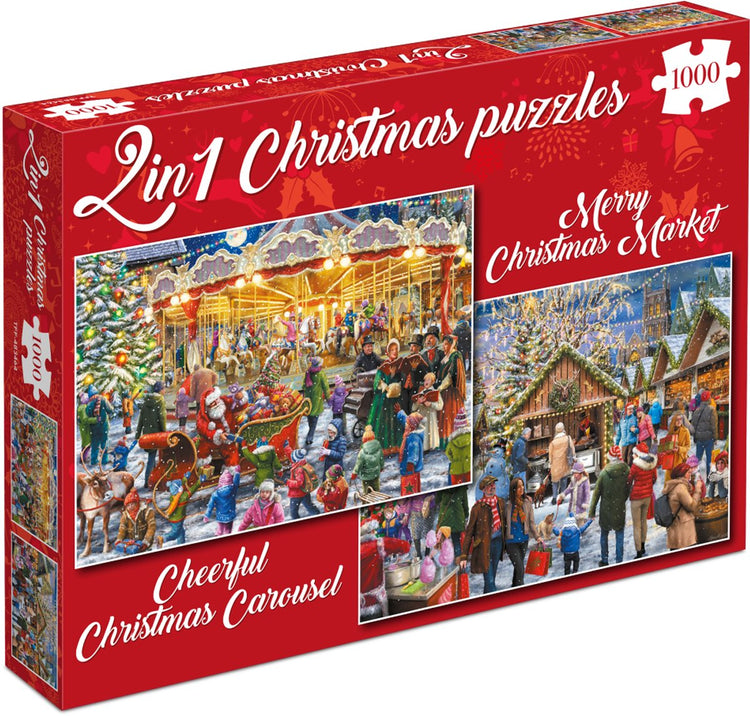Tucker's Fun Factory Weihnachtspuzzles – Fröhlicher Weihnachtsmarkt + fröhliches Weihnachtskarussell – 2×1000 Teile 68×49cm (B×H) – Puzzles