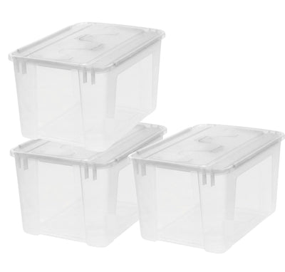 Iris Klappdeckel-Aufbewahrungsbox – 48l – stapelbar – mit Klappdeckel – Kunststoff – transparent – 3er-Set