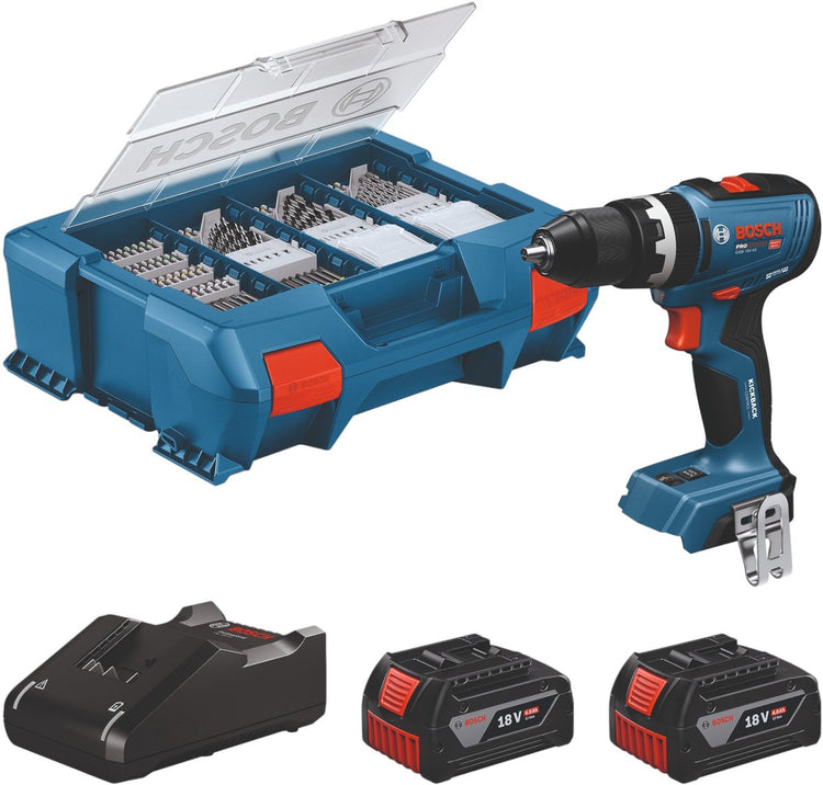 Bosch Blue GSB 18V-65 Akku-Schlagbohrschrauber | inklusive 2x GBA 18v 4,0 Ah gal 18v-40 Ladegerät | 82 Zubehörteile - 06019n3307