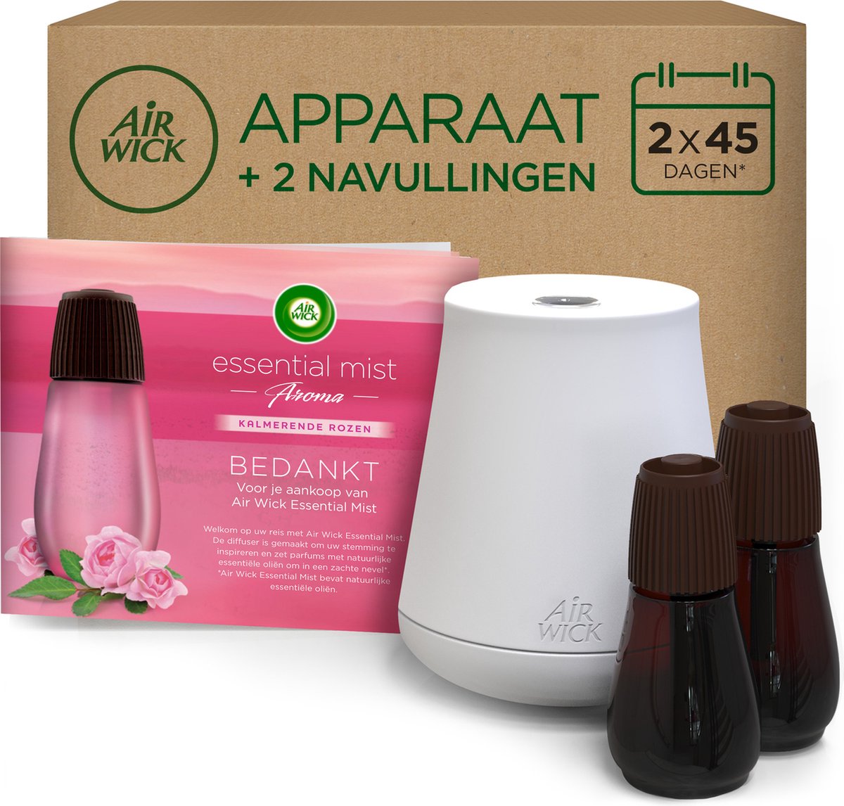 Air Wick Essential Mist Lufterfrischer – beruhigende Rosen – 1 weißes Gerät + 2 Nachfüllungen