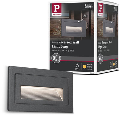 Paulmann Outdoor LED Wandleuchte lang IP44 eckig 103x62 mm 3000k 4w 30lm 230v schwarz Aluminium