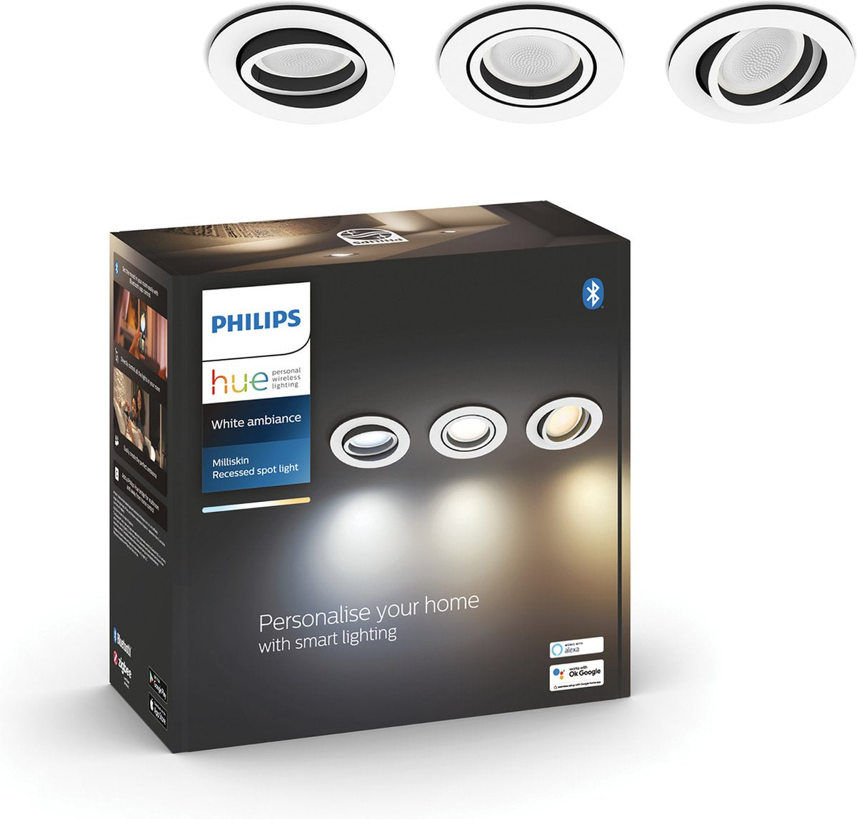 Philips Hue Milliskin Einbaustrahler – warmes bis kaltweißes Licht – 3er-Pack – Aluminium – rund – GU10