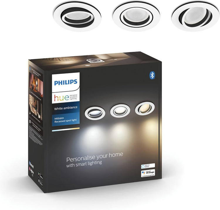 Philips Hue Milliskin Einbaustrahler – warmes bis kaltweißes Licht – 3er-Pack – Aluminium – rund – GU10