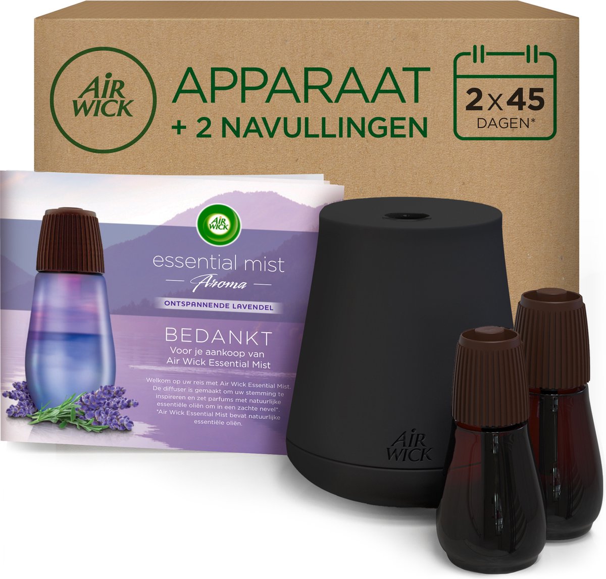 Air Wick Essential Mist Lufterfrischer – entspannender Lavendel – 1 schwarzes + goldenes Gerät + 2 Nachfüllungen