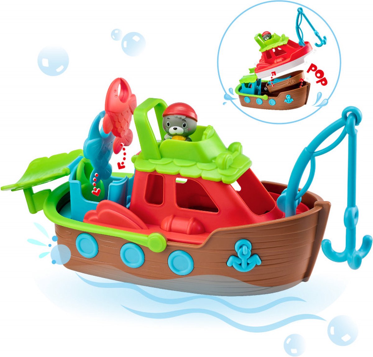 Klorofil Badespielzeug das Stapelboot – Badespielzeug für Kinder – Badespielzeug – 29 x 12 cm – mehrfarbig inkl. 1 Figur aus der Walrossfamilie + 4 Zubehörteile