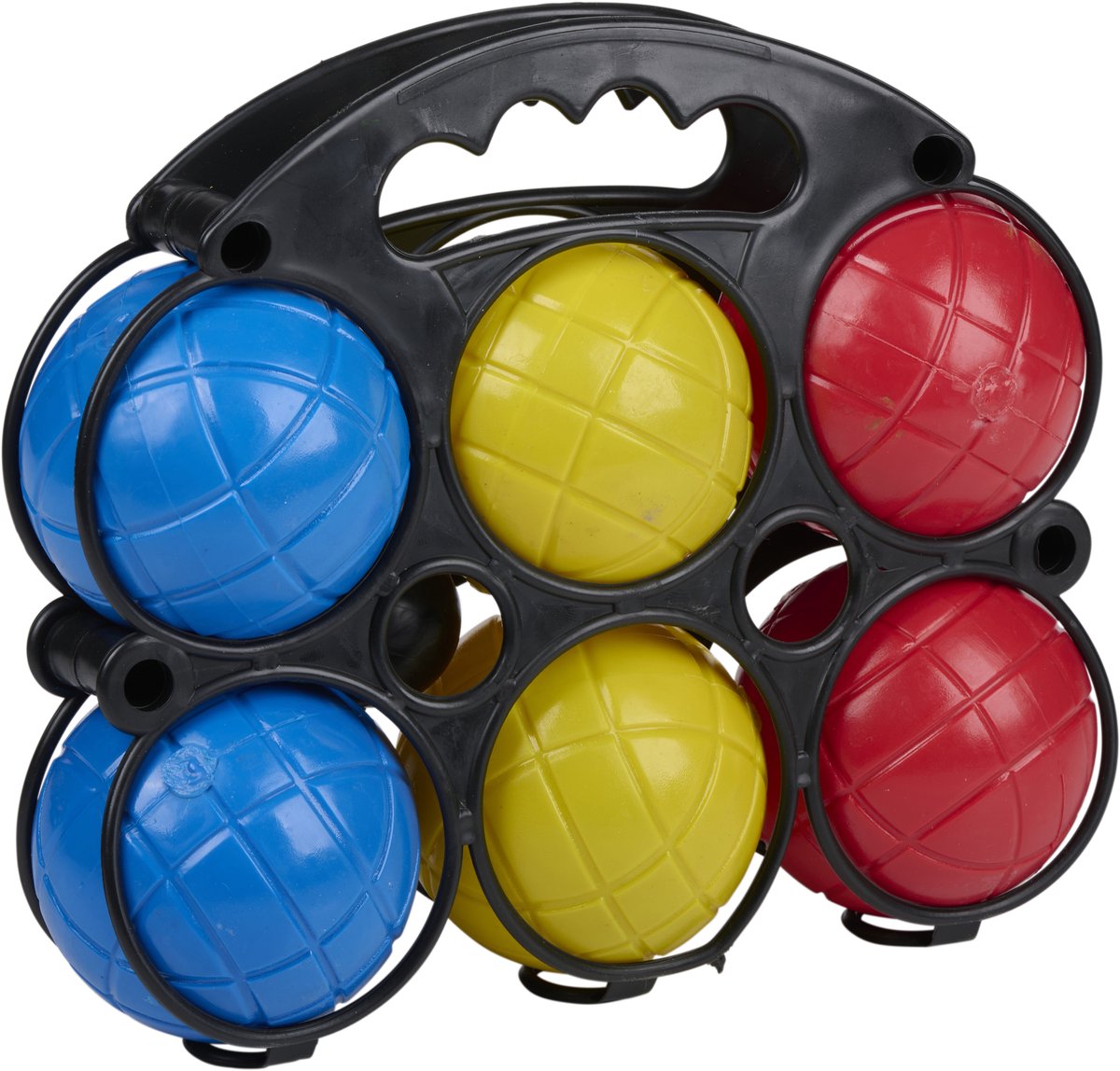 Eddy Toys Jeu de Boules Spiel 7-teilig – Kunststoff-Kugeln für Kinder ab 3 Jahren – mit Tragehalter und Zielkugel – Outdoor-Spielzeug für Strand, Garten, Park – Rot, Gelb, Blau