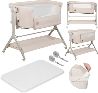 Lionelo Leonie Plus – Beistellbett 3 in 1 Kinderbett und Babybett – Kinderbett bis 9 kg – Höhenverstellung in 6 Stufen – Schaukelfunktion – T25-Matratze – Aufbewahrungskorb – Rollen – abnehmbare Bezüge