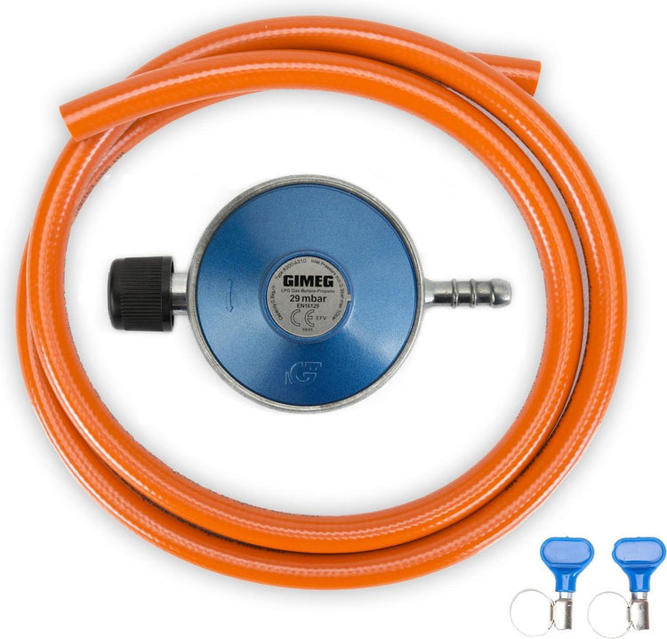 Gimeg Gasdruckregler-Set – 29 mbar – Campingaz x Schlauchtülle – Schlauch 150 cm