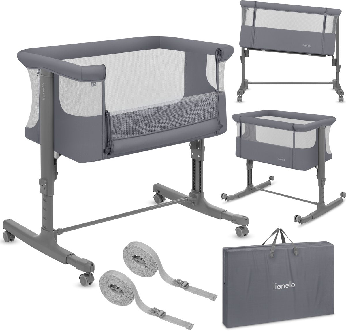 Lionelo Aurora 3in1 Beistellbett – Babybett bis 9 kg – Mitwachsbett – 4 Rollen mit Bremse – Campingbett – höhenverstellbar – atmungsaktives Netz – inklusive Matratzen-Transporttasche – abnehmbarer Bezug