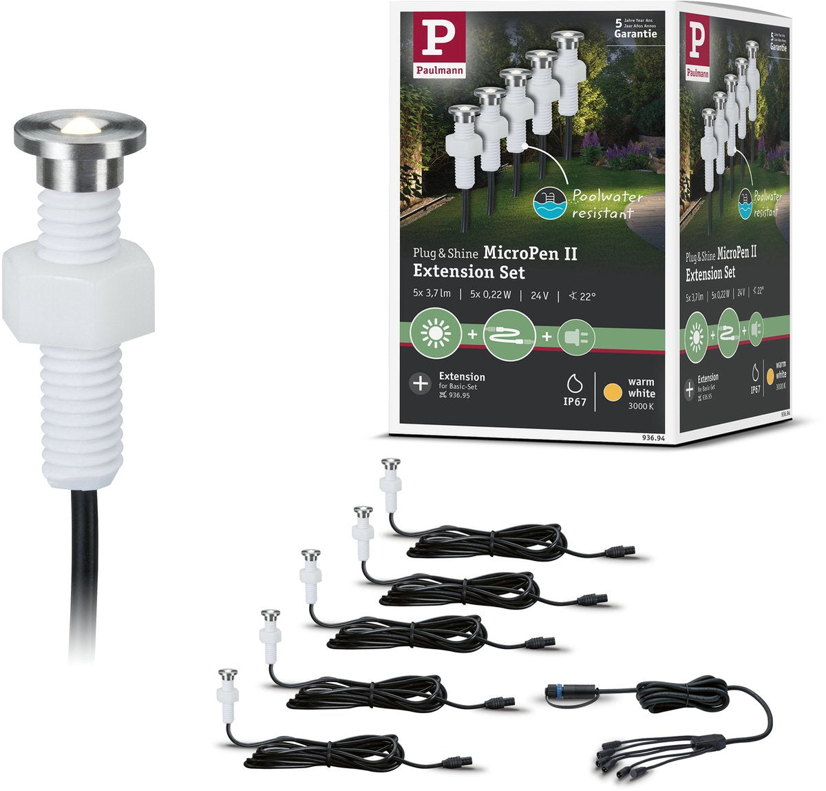 Paulmann Plug Shine LED Bodeneinbauleuchte Micropen II Erweiterungsset IP67 3000K 5x0,2W Silber