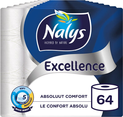 Nalys Excellence Toilettenpapier – 64 Rollen – Maxiblätter (5-lagig) – Vorteilspackung – Papierverpackung