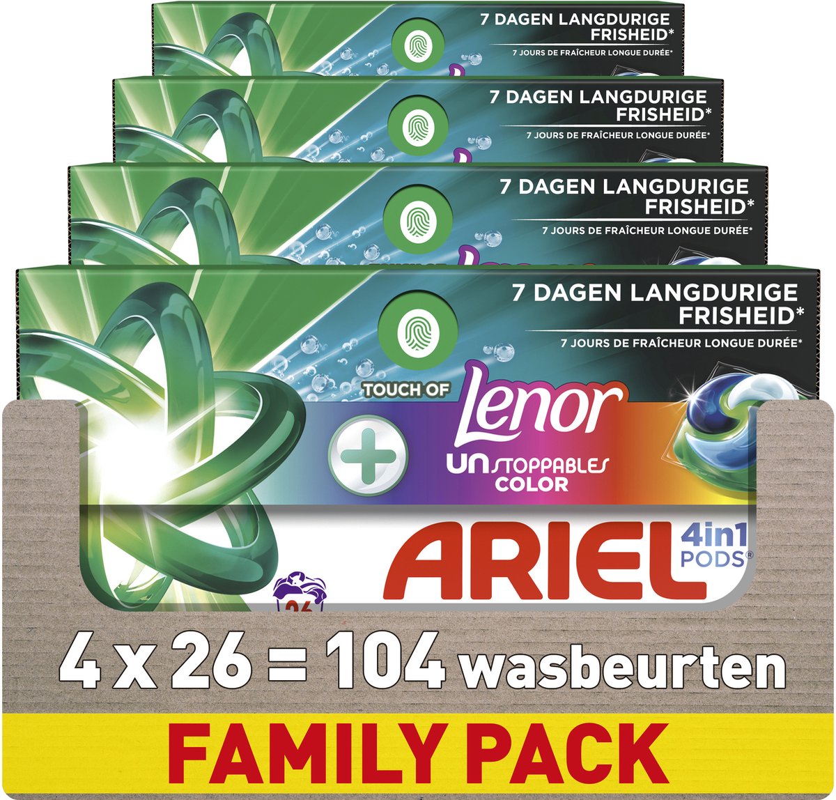 Ariel 4in1 Waschmittelkapseln + Touch of Lenor Unstoppables Color – 4 x 26 Wäschen