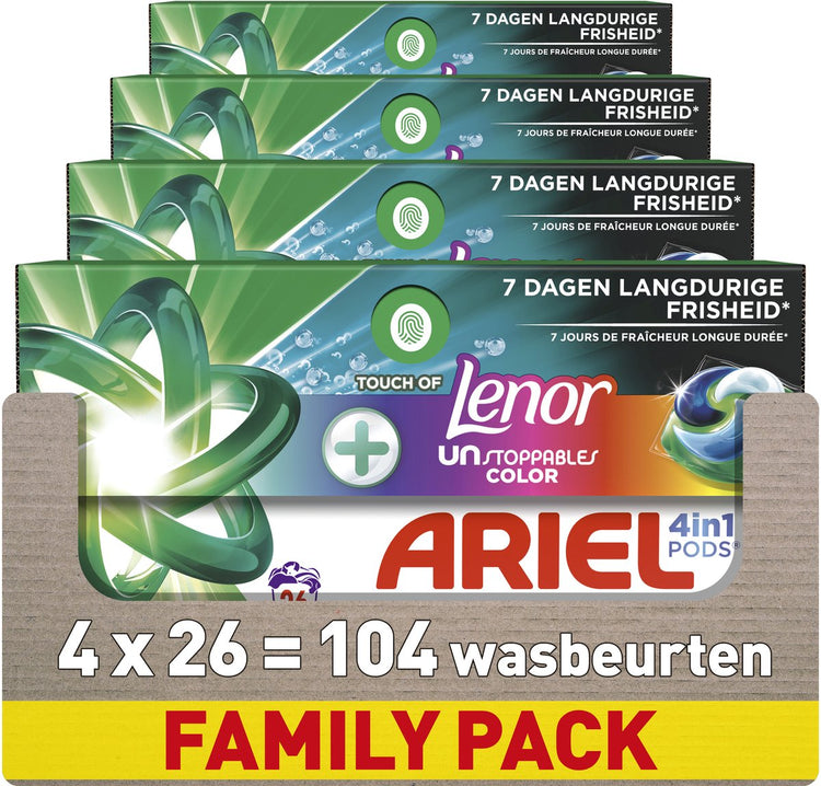 Ariel 4in1 Waschmittelkapseln + Touch of Lenor Unstoppables Color – 4 x 26 Wäschen