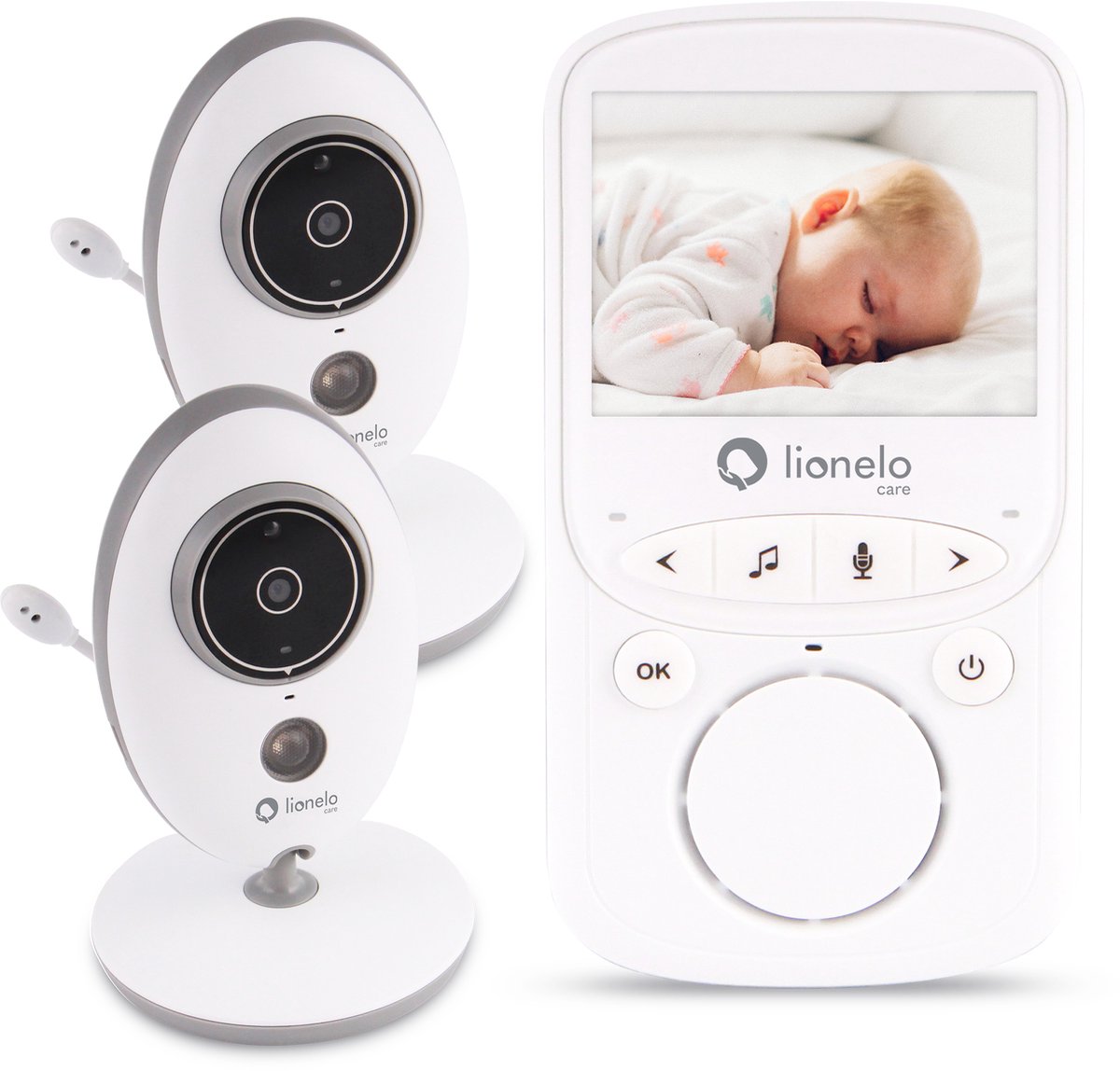 Lionelo Babyline 5.1 Premium-Babyphone – 2 Kameras – Reichweite bis zu 300 m – Nachtsicht – Vox-Funktion – 2-Wege-Audio – Temperatursensor – 20 Stunden Akkulaufzeit – 2,4-Zoll-Display – Alarmfunktion mit 8 Schlafliedern