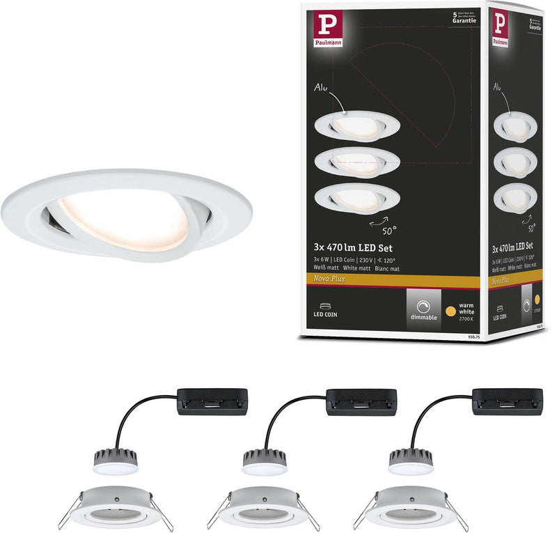 Paulmann LED Einbauleuchte Nova Plus Coin Sockel Set schwenkbar rund 84 mm 50° Coin 3x6W 3x470lm 230V dimmbar 2700K Weiß matt