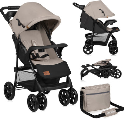 Lionelo Emma Plus – Buggy – leichter und langlebiger Kinderwagen – 5-Punkt-Gurt – Rückenlehnenverstellung bis in Liegeposition – verlängertes Verdeck mit Fenster – großer Korb – praktische Tasche und Organizer – Stoßdämpfer – geeignet für Kinder bis 15 kg