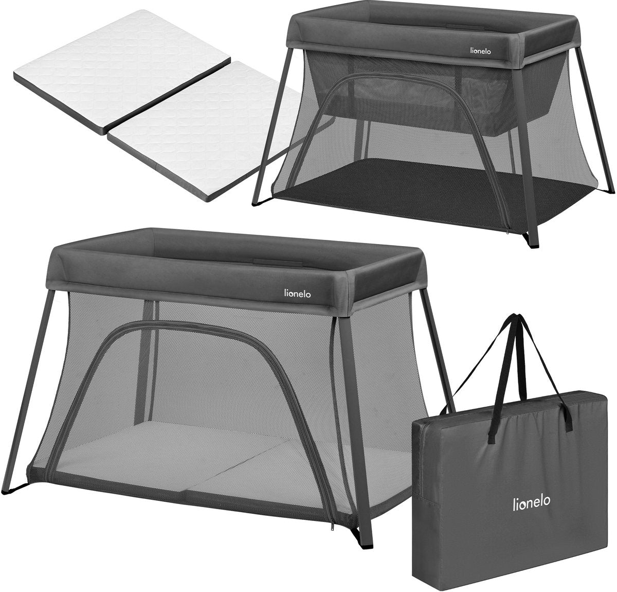 Lionelo Alice – 3 in 1 Babybett, Laufstall und Reisebett – Campingbett – Matratze mit T25-Schaum – 2 Höhenpositionen – leicht (5,5 kg) – kompakt faltbar – Reißverschluss – inklusive Tragetasche – abnehmbarer waschbarer Bezug