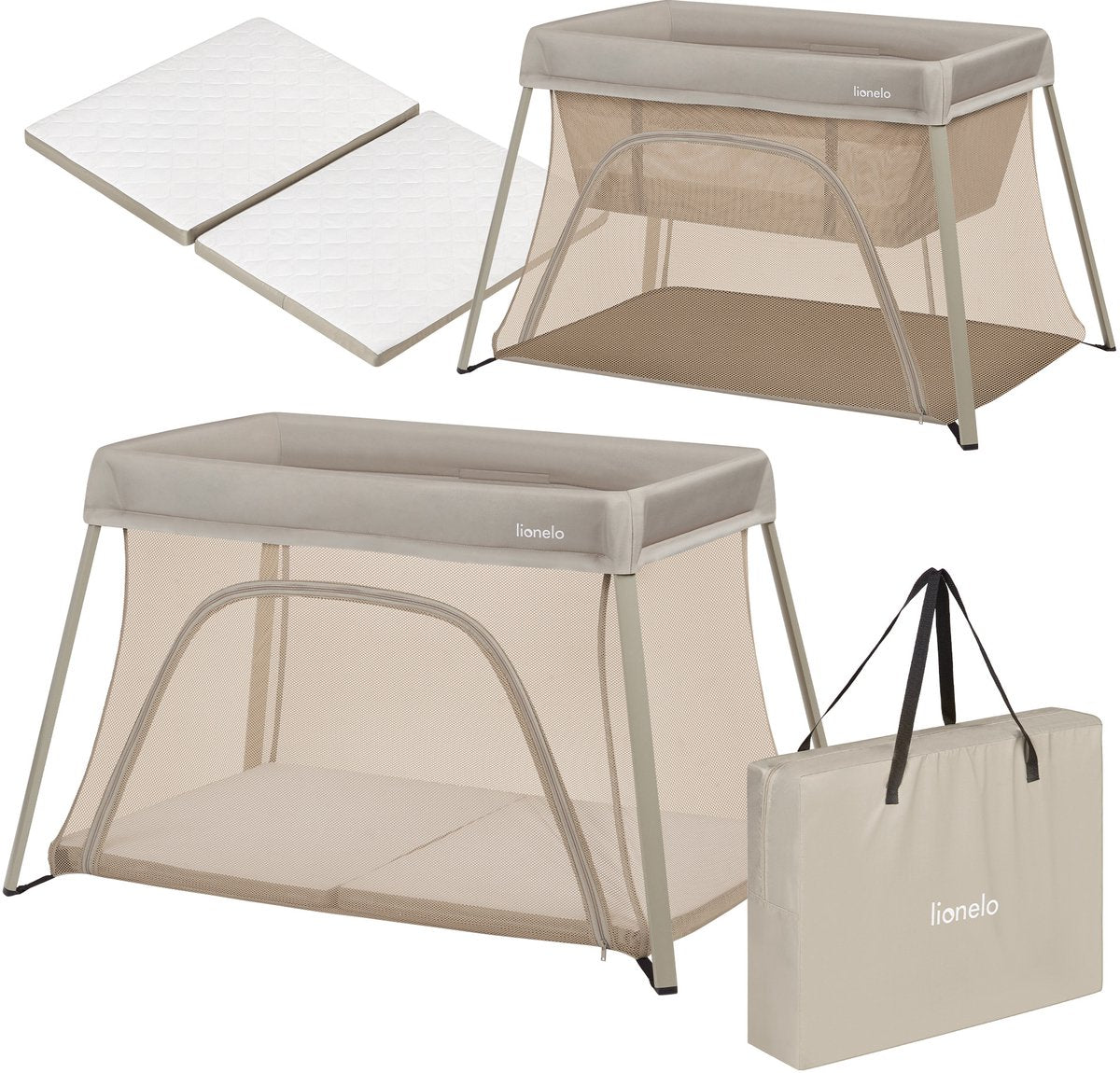 Lionelo Alice – 3 in 1 Babybett, Laufstall und Reisebett – Campingbett – Matratze mit T25-Schaum – 2 Höhenpositionen – leicht (5,5 kg) – kompakt faltbar – Reißverschluss – inklusive Tragetasche – abnehmbarer waschbarer Bezug