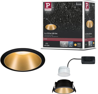 Paulmann LED Einbauleuchte 3-Stufen-Dim Cole Coin 1er Set IP44 rund 88 mm Coin 6W 470lm 230V dimmbar 2700K Schwarz, Gold matt