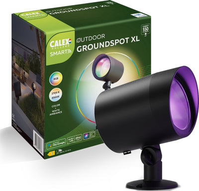 Calex Smart Outdoor LED XL Bodenstrahler – Intelligente Gartenbeleuchtung wasserdicht – Erdspießstrahler – RGB und warmweißes Licht – Gartenstrahler 9 W – Schwarz
