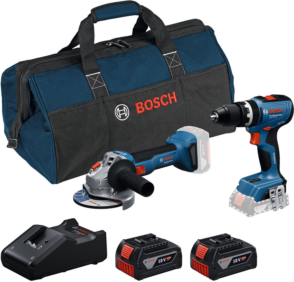 Bosch Professional 18V Toolkit – Kombinationsset – GWS 18V-8 + GSB 18V-65 + 2x GBA 18V 4,0 Ah + Gal 18V-40 Ladegerät