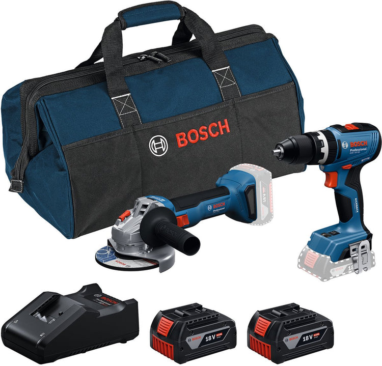 Bosch Professional 18V Toolkit – Kombinationsset – GWS 18V-8 + GSB 18V-65 + 2x GBA 18V 4,0 Ah + Gal 18V-40 Ladegerät
