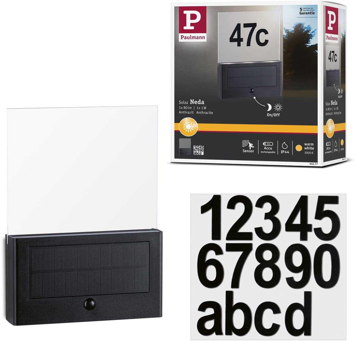 Paulmann Solar LED Hausnummernbeleuchtung Neda Bewegungsmelder IP44 3000K 27LM Anthrazit